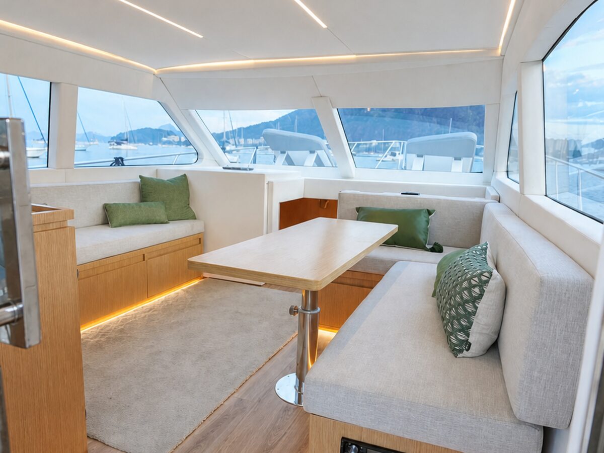 WeBoat Mares 50 - Salão com mesa e vista panorâmica