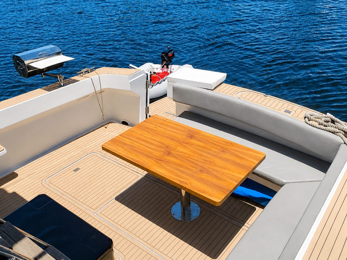 WeBoat Mares 50 - Deck de popa com mesa de jantar e sofá
